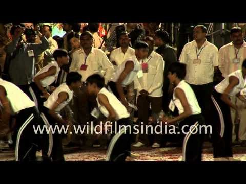 Lezim dance being performed by students at Rann Utsav