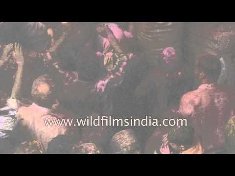 People smear colours on the occasion of Holi - Banke Bihari temple