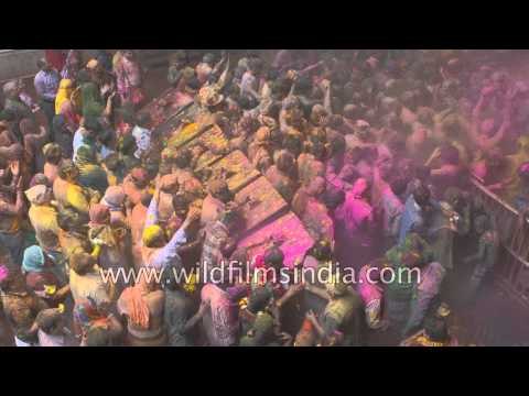 Priest sprinkles colour on devotees at Banke Bihari temple