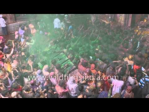 Hindu devotees gather under a powdery cloud at Bankey Bihari Temple, India