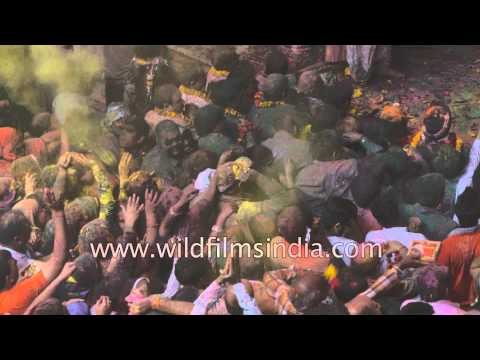 Colours all over: Holi celebration at Banke Bihari Temple, India