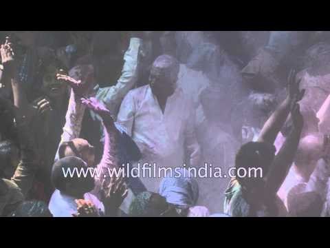 Cloud of dry colours at Banke Bihari temple of Vrindavan