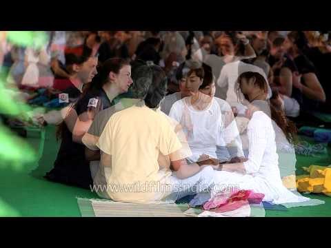 Foreigner Yogis at Gurmukh Kaur Khalsa's meditation session in Rishikesh