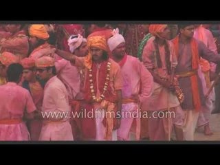 Crowd of devotees during Lathmaar Holi in Barsana village