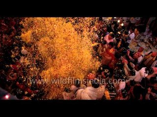 Holi played with flowers at Keshi Ghat, Vrindavan - Slow motion