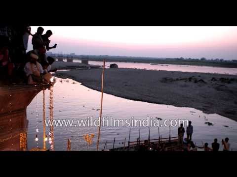 People throw flower petals on each other during Holi celebration in Vrindavan