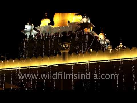 Anandpur Sahib gurudwara lit up with decorative lights at night, Punjab