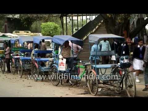 Cycle rickshaws line up alongside Ring Road in Delhi
