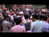 Devotees celebrating Holi at Banke Bihari temple in Vrindavan