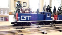 Grand Trunk Western SW9 Diesel Switchers and PRR E8 Diesels on winter train layout