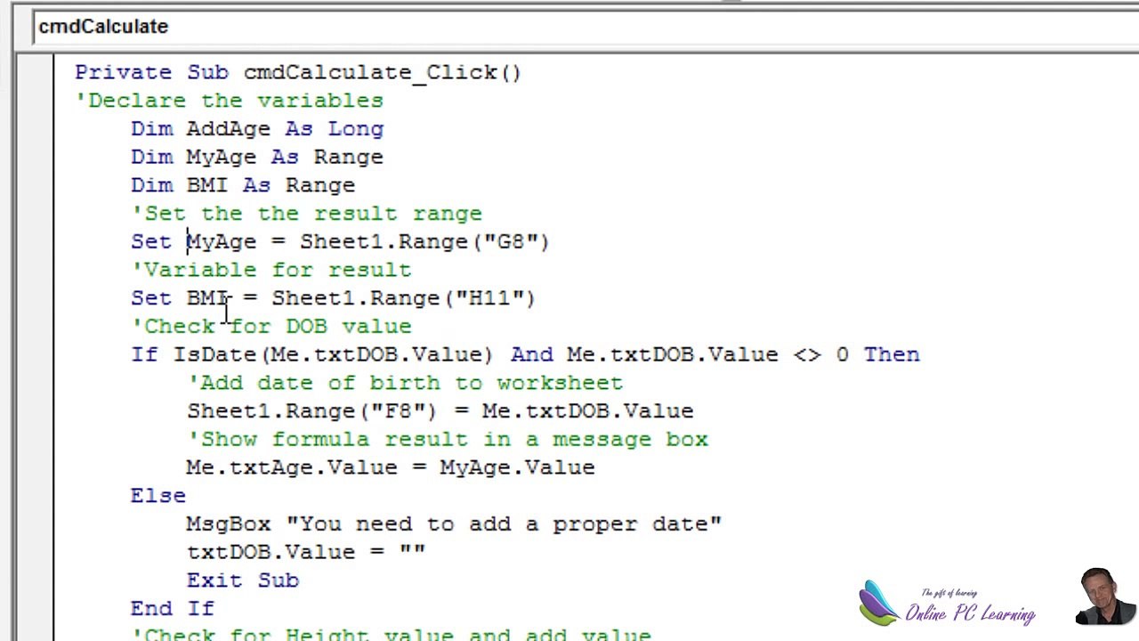 Excel VBA Userform to Calculate Age and BMI