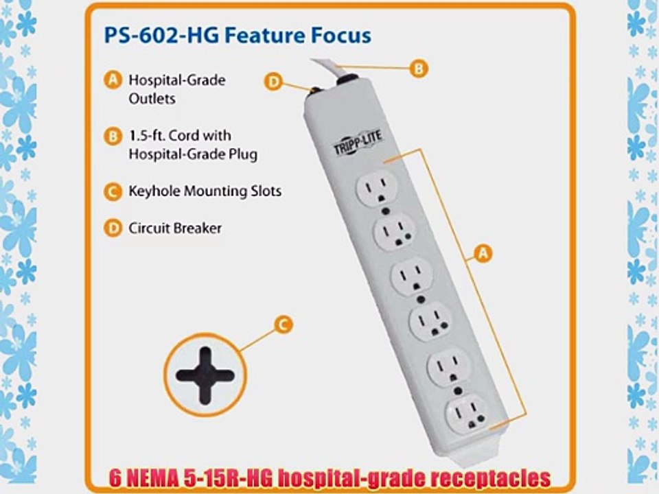 Tripp Lite PS-602-HG Power Strip Medical 120V 5-15R-HG 6 Outlet 1.5ft Cord Metal
