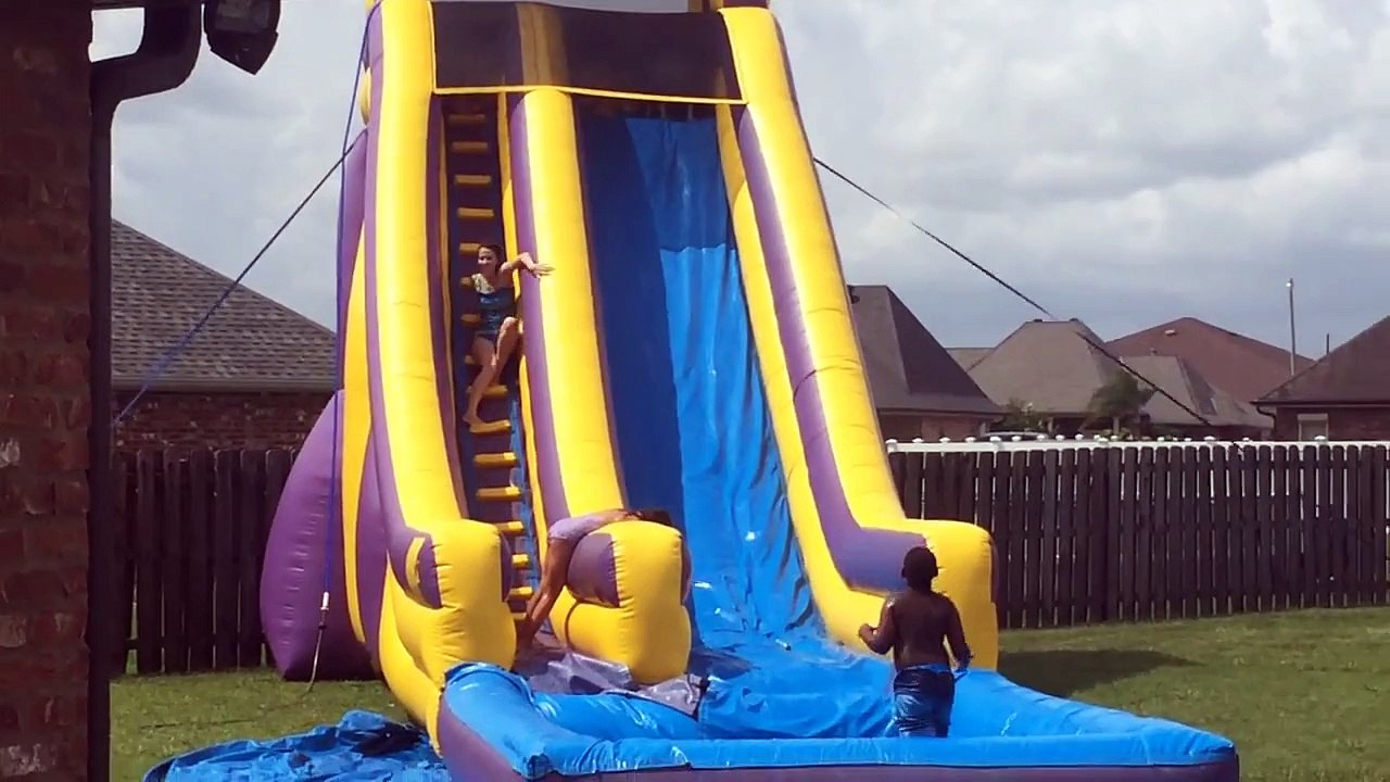 Milo le chien adore faire du toboggan à eau gonflable avec des enfants.