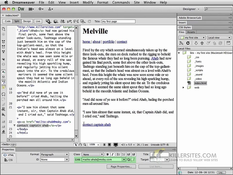 DreamWeaver CS6 Lesson 3 Step 5 Adding Email Links