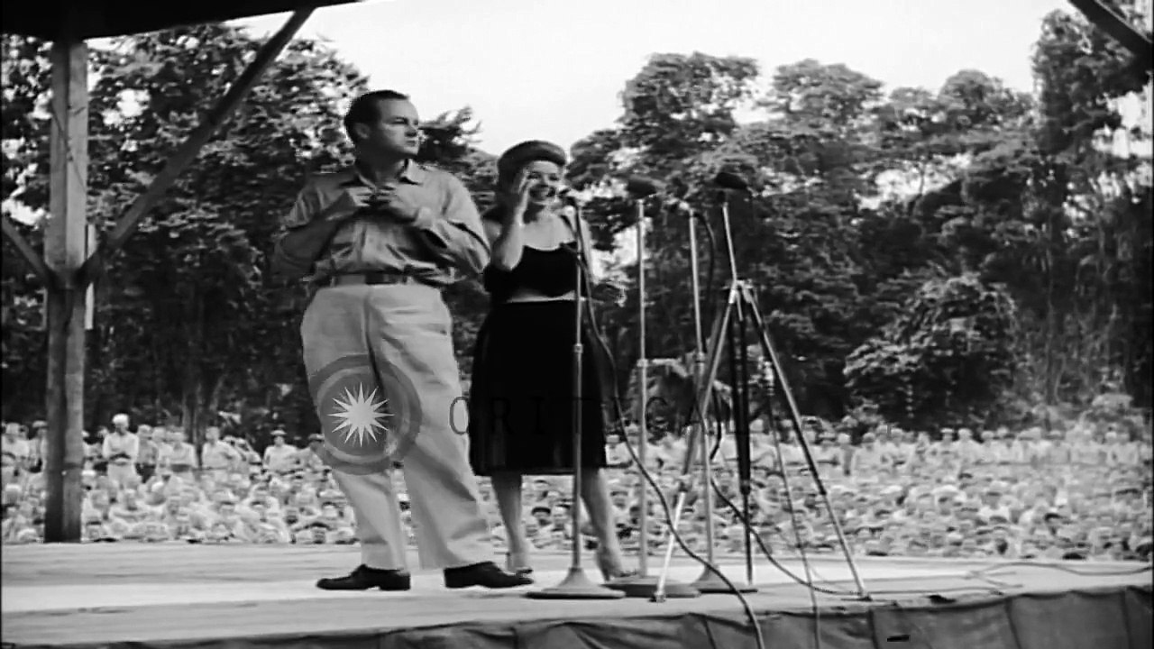 Bob Hope and Frances Langford  in U.S.O. tour, entertain U.S. troops on Bougainvi...HD Stock Footage