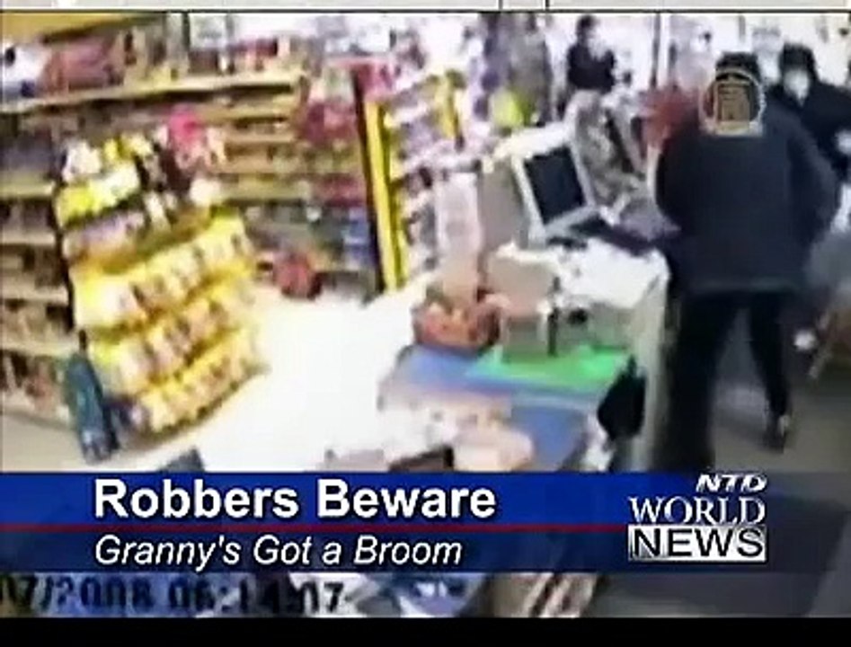 Granny with a Broom Brushes off Robbers