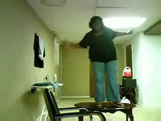 Fat girl falls off table!