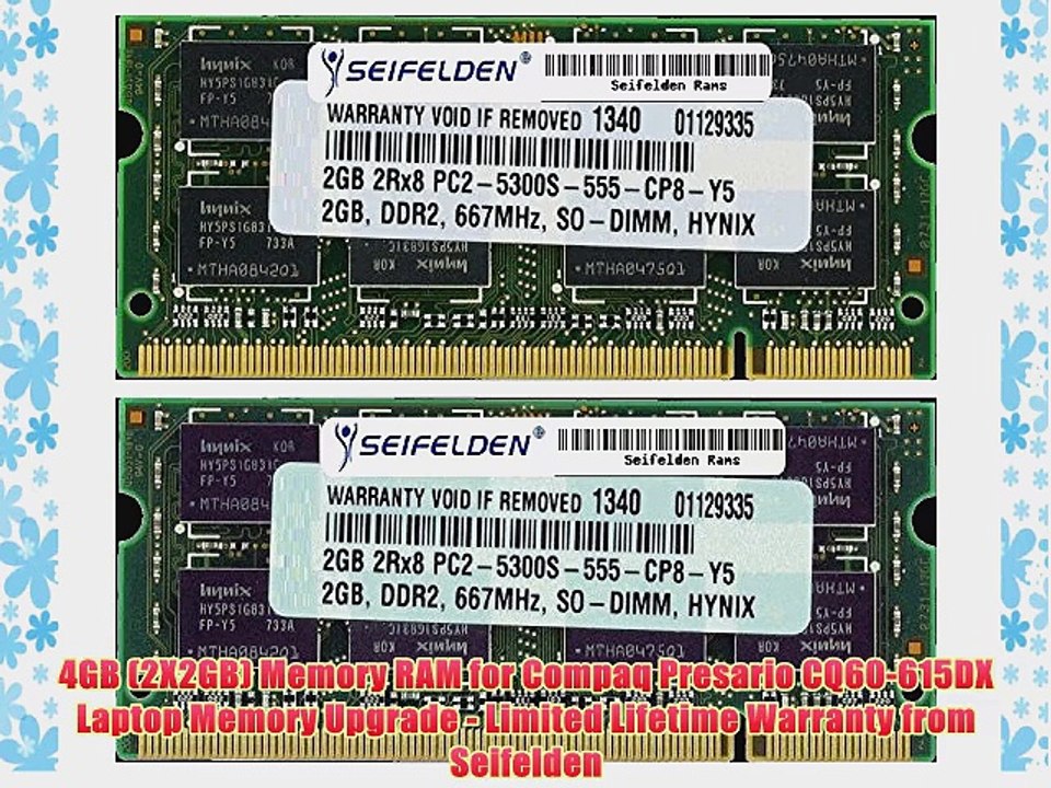 4GB (2X2GB) Memory RAM for Compaq Presario CQ60-615DX Laptop Memory Upgrade - Limited Lifetime