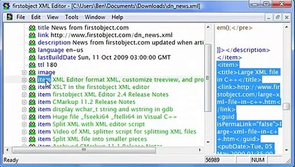 Edit XML RSS in tree view of free firstobject XML editor