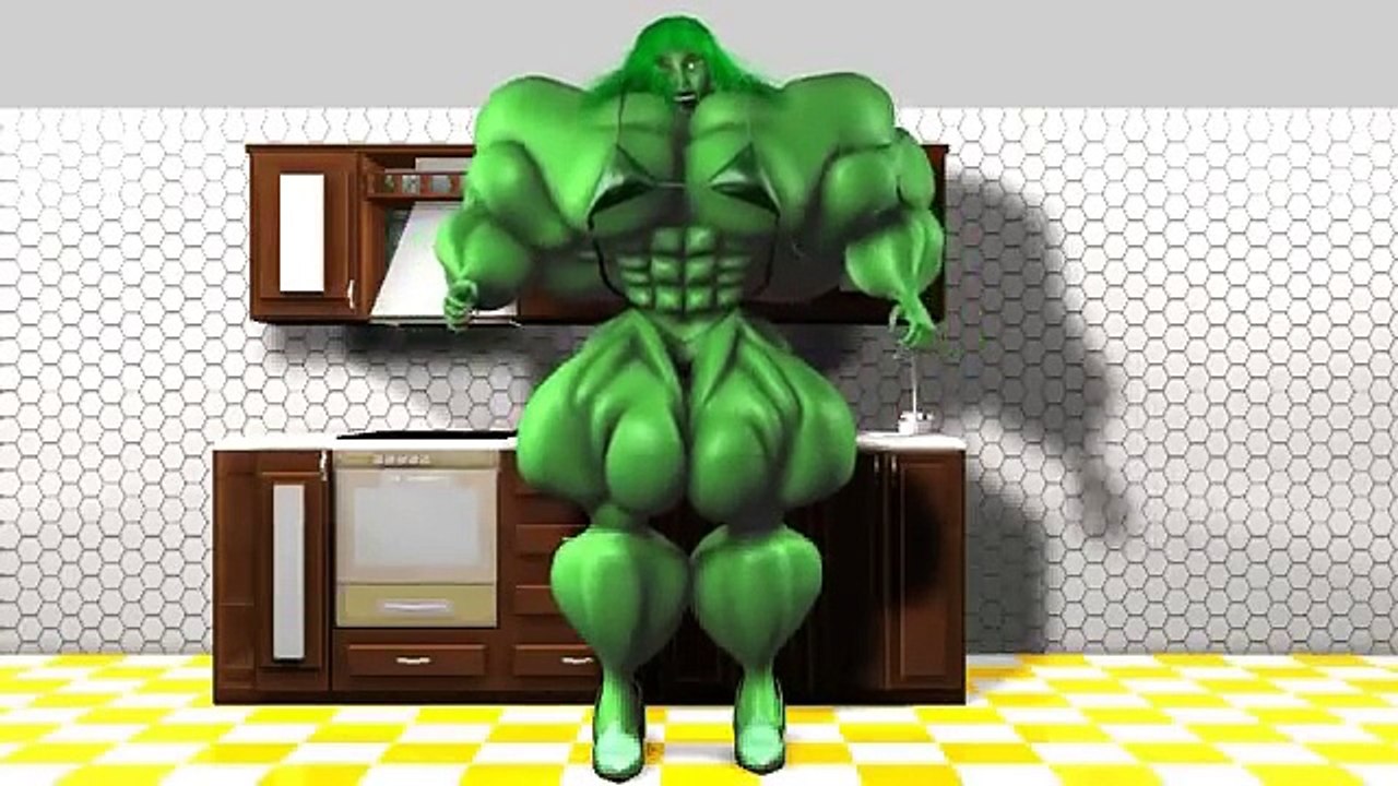 3d animation of She-Hulk aka Green Jenny in the kitchen