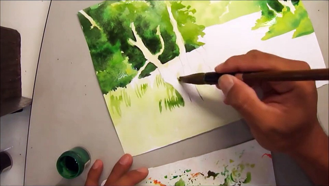 Watercolour painting of trees and river - 690 Art Class