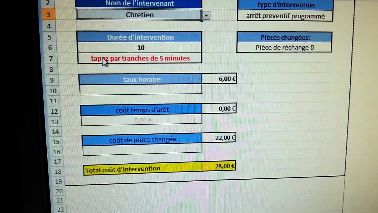 Maintenance et coût d'intervention en EXCEL