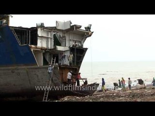 Women labourers work at ship wrecking yard in Alang, India