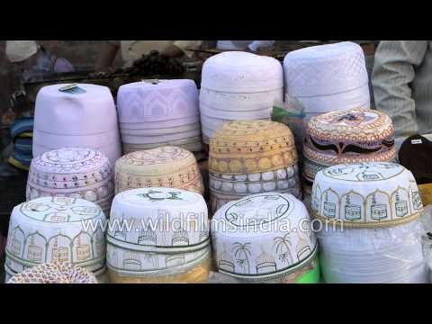 Various 'takiyah' being sold at a market in Old Delhi, India