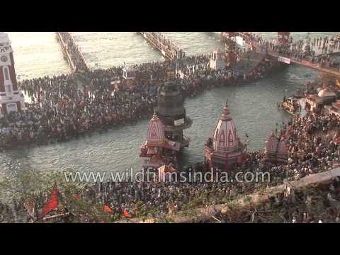 Hindu devotees gather to bathe in the River Ganges, Haridwar