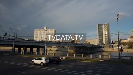 Aerial Drone Filming Moscow Russia, White House, government building Krasnopresnenskaya embankment
