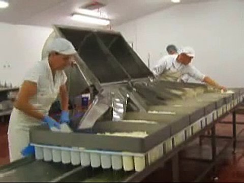 Soft cheese production at Simon Weaver Cotswold Organic Dairy, using tipping vats
