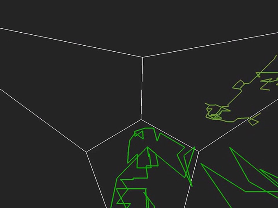 Simulated trajectory of two endogeic earthworms / Trajectoire simulée de deux vers de terre endogé