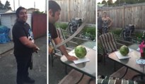 Fail : Un homme coupe une pastèque avec un sabre