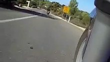 Suzuki GS500 lowside and crashing into a car