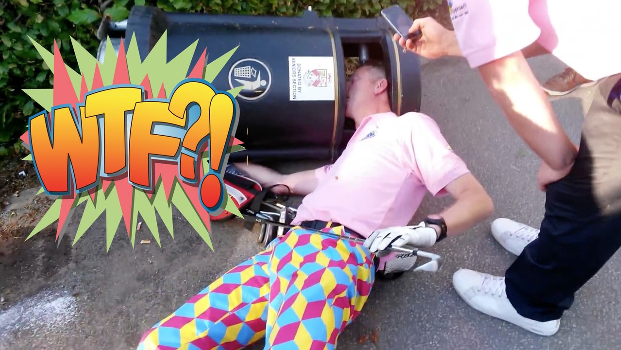 Un golfeur coince sa tête dans une poubelle - Vidéo insolite.