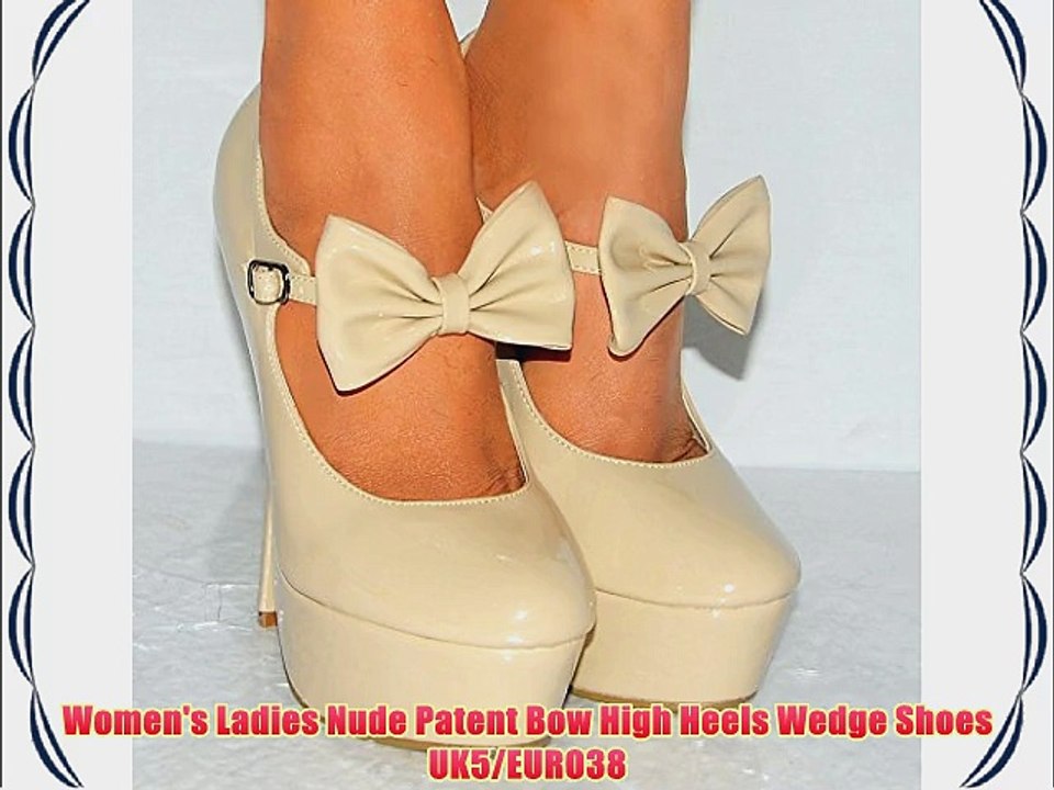 Women's Ladies Nude Patent Bow High Heels Wedge Shoes UK5/EURO38