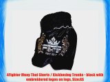 4Fighter Muay Thai Shorts / Kickboxing Trunks - black with embroidered logos on legs Size:XS