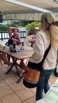 Drugged woman pull a bottle on guys having bbq and fights