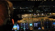 Cockpit view of night landing rwy 07 BBU 737-800