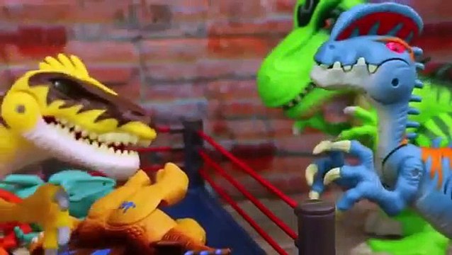 Jurassic World Playskool Toy Review and Dinosaur Tug of War with T Rex Raptor and Stegosaurus