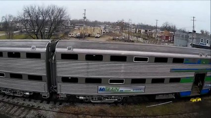 Pere Marquette 1225 in Owosso Michigan. North Pole Express 2014.  Polar Express. Aerial Video.