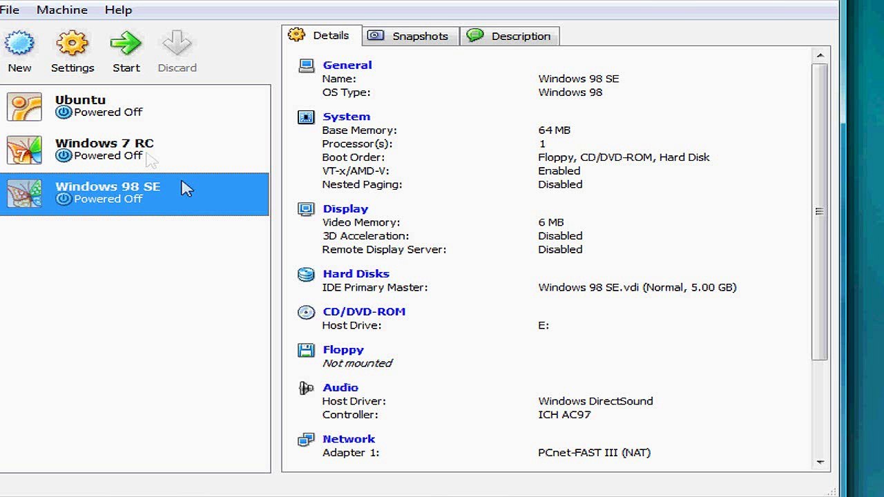 Windows 98 install using VirtualBox