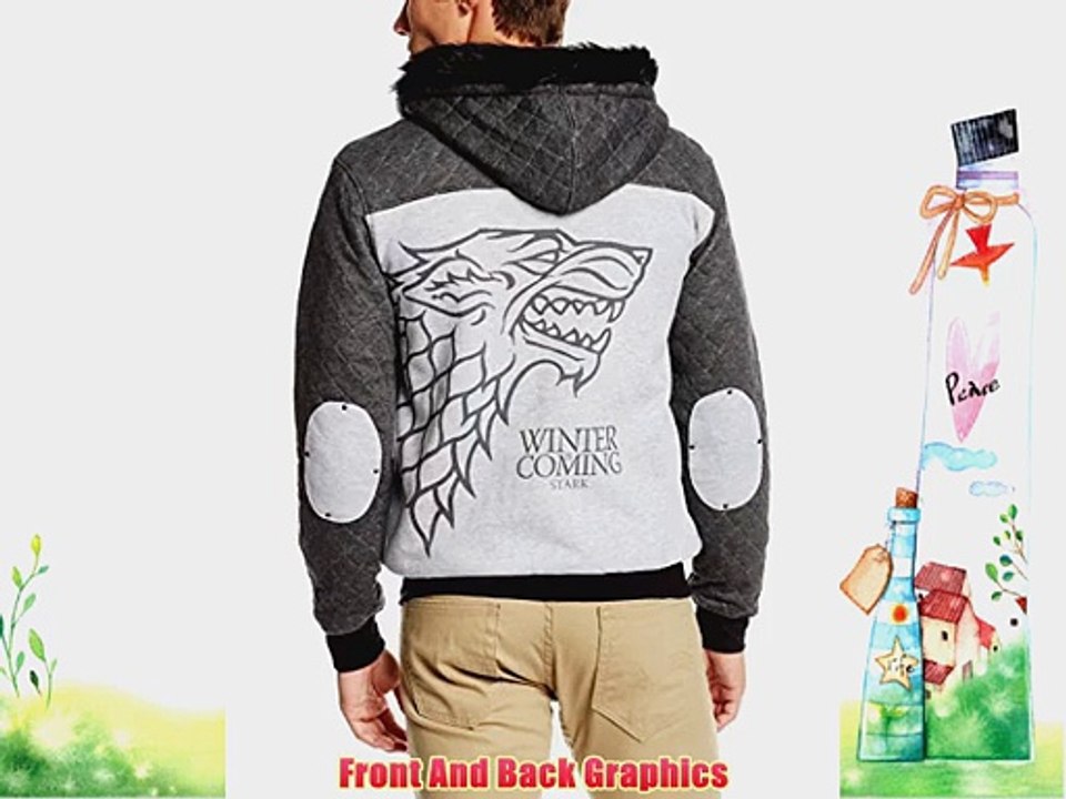 Game Of Thrones Stark Embroidered Logo Mens Grey Fur Hooded Zip-Up Hoodie Sweatshirt | M