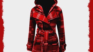 Catch One Ladies Belted Button Military Check Coat Womens Hooded Winter Jacket Red Check 12