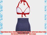 High Waist Retro Bikini Swimsuit Swimwear with Dark Blue Polka Dot Bottom and Red Top - Size