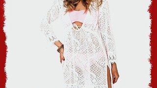 White Cooton Crochet Deep Plunge V Neck Drawstring Tunic Kaftan Lace Trim