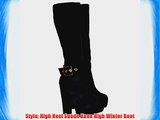 Ladies Womens High Heel Suede Knee High Winter Boot - Gold Buckle - Black Suede Black UK6 -