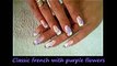 Classic french with purple flowers   one stroke nailart
