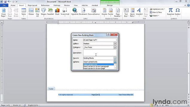 MS Word Creating and saving custom headers and footers