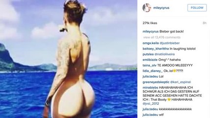 Miley Cyrus rit de Justin Bieber qui a partagé une photo de ses fesses
